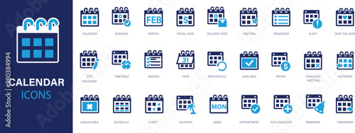 Calendar flat icons set. Schedule, date, event, week, alert, agenda,  icons and more signs. Flat icon collection.
