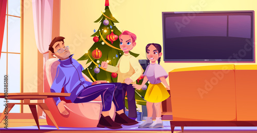 Naughty children looking at sleeping father in armchair. Vector cartoon illustration of teen boy and girl standing near asleep man in living room with decorated Christmas tree and TV on wall, bad joke