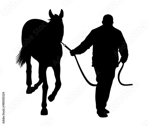 silhouette of man walking carrying horse, vector isolated	