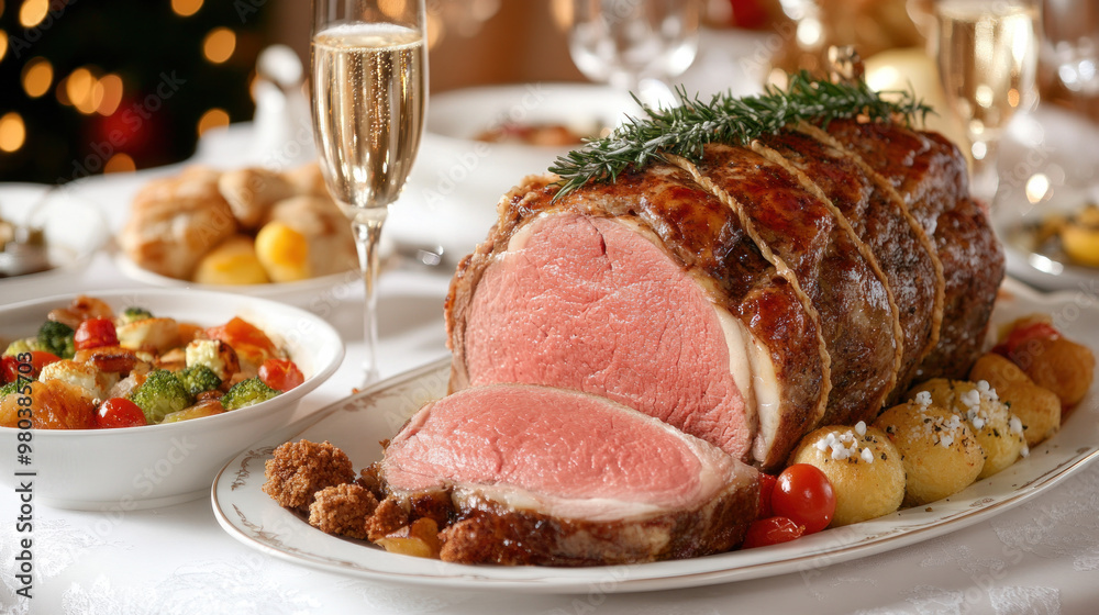 A large roast beef is cut into pieces and served on a white plate. The table is set with wine glasses, forks, knives, and bowls of various foods. The atmosphere is festive and celebratory A large roast beef is cut into pieces and served on a white plate. The table is set with wine glasses, forks, knives, and bowls of various foods. The atmosphere is festive and celebratory