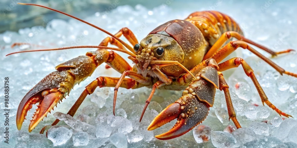 A freshly harvested flathead lobster lies on a bed of ice, its claws spread wide, its bright red A freshly harvested flathead lobster lies on a bed of ice, its claws spread wide, its bright red