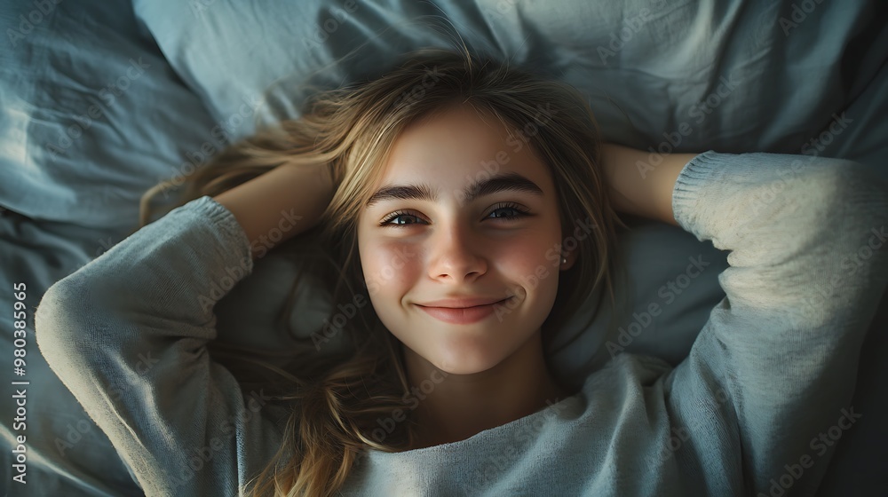 A young woman with long blonde hair lies in bed, her hands behind her head, looking up with a smile. A young woman with long blonde hair lies in bed, her hands behind her head, looking up with a smile.