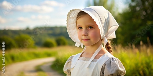 A gentle-mannered girl with curly braids and rosy cheeks dons a traditional white bonnet and apron, embodying her