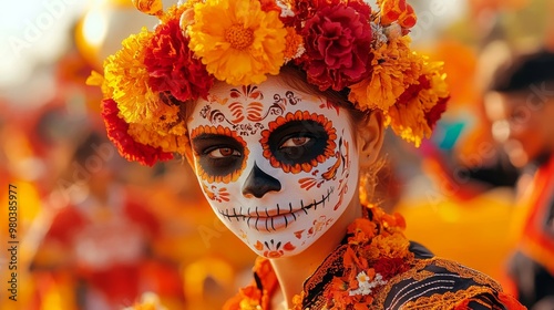 Day of the Dead Makeup Woman with Sugar Skull Face Paint and Marigolds