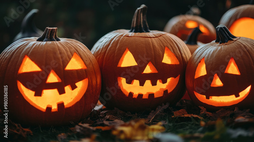 Four pumpkins with smiling faces and glowing eyes. Scene is cheerful and festive, as it is a representation of Halloween