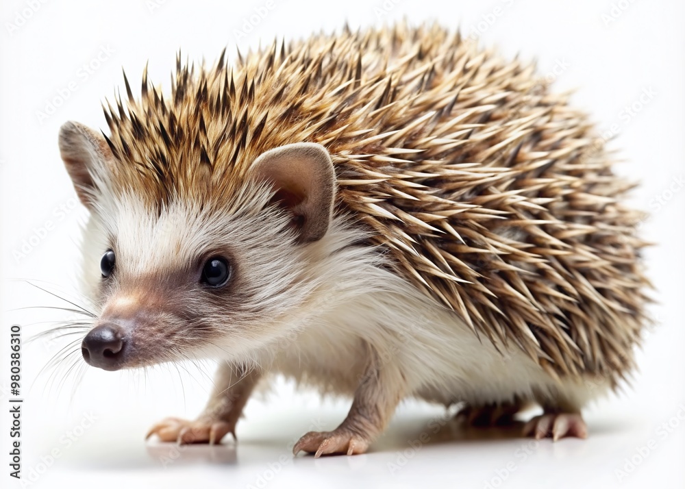 Cute African hedgehog with naturally modified feathers into hard, pointed thorns searches and walks on a white background, showcasing its full body, realistic animal clipart. Cute African hedgehog with naturally modified feathers into hard, pointed thorns searches and walks on a white background, showcasing its full body, realistic animal clipart.