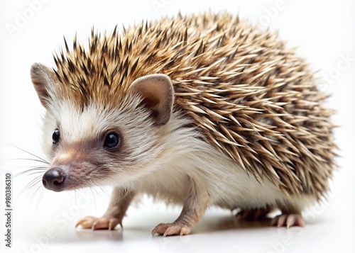Cute African hedgehog with naturally modified feathers into hard, pointed thorns searches and walks on a white background, showcasing its full body, realistic animal clipart.