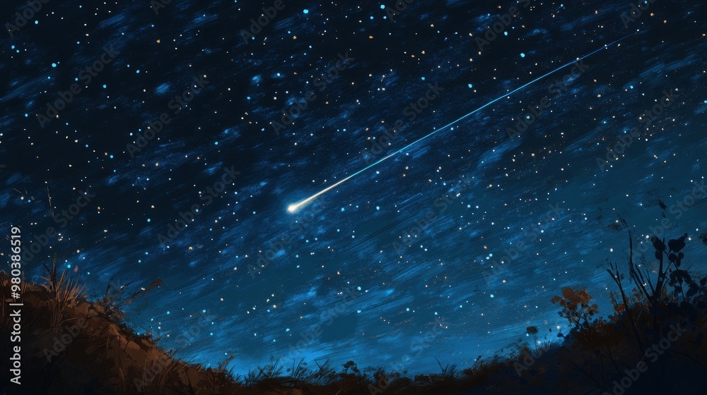 A lone meteor streaks through the night, its glowing trail cutting through the darkness A lone meteor streaks through the night, its glowing trail cutting through the darkness