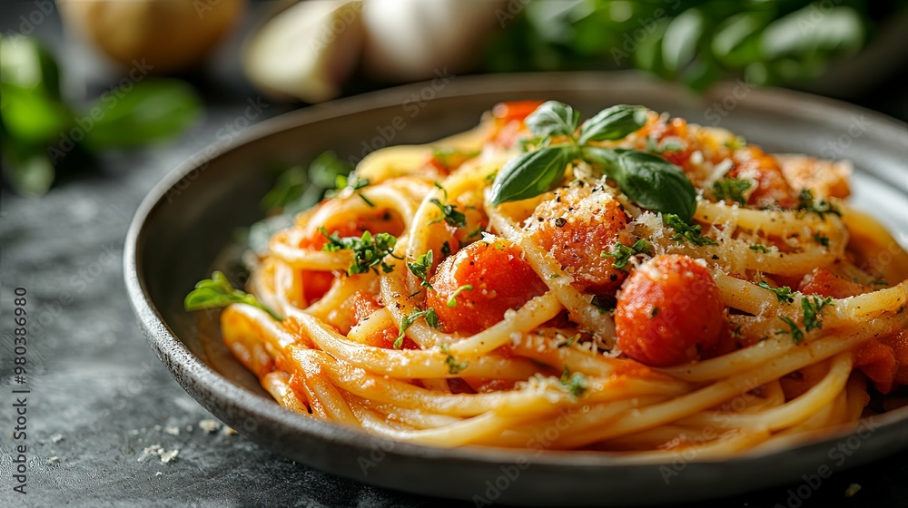 Close-up of Spaghetti with Tomato Sauce and Basil Close-up of Spaghetti with Tomato Sauce and Basil