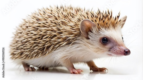 Adorable African hedgehog with naturally modified feathers as hard, pointed thorns, searching and walking on a pure white background, showcasing its full body. photo