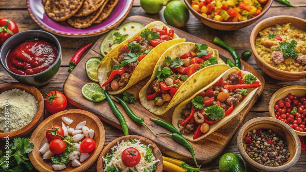 Vibrant tacos, crispy tortilla chips, and steaming burritos overflow with flavorful meats, cheeses, and spices, highlighting the rich culinary heritage of Mexico's festive cuisine. Vibrant tacos, crispy tortilla chips, and steaming burritos overflow with flavorful meats, cheeses, and spices, highlighting the rich culinary heritage of Mexico's festive cuisine.