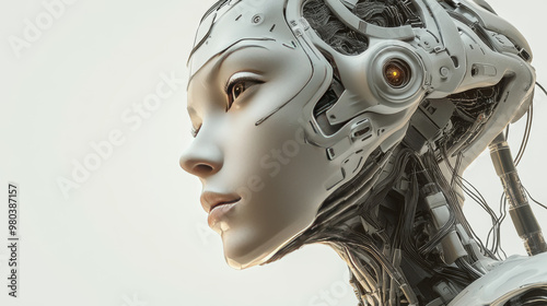 Elegant robot woman with a human-like face in profile, featuring mechanical hands. The robot's head and artificial brain are linked by cables to a cybernetic system. Artificial intelligence .