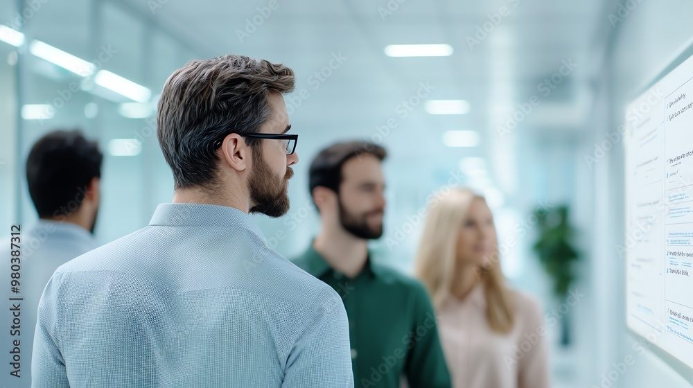 Group of analysts discussing a customer satisfaction report, modern office with digital whiteboards, collaborative work environment