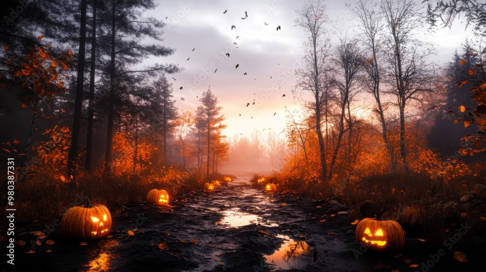 Jack o Lanterns in a Foggy Autumn Forest Path Jack o Lanterns in a Foggy Autumn Forest Path