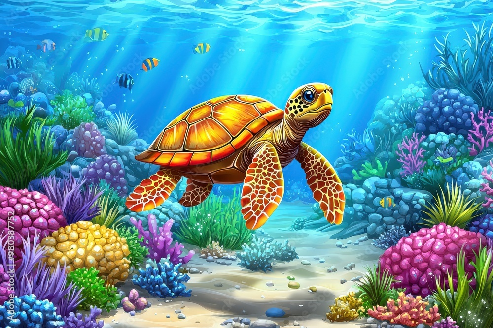 Colorful underwater scene with sea turtle swimming amongst coral reef and tropical fish Colorful underwater scene with sea turtle swimming amongst coral reef and tropical fish
