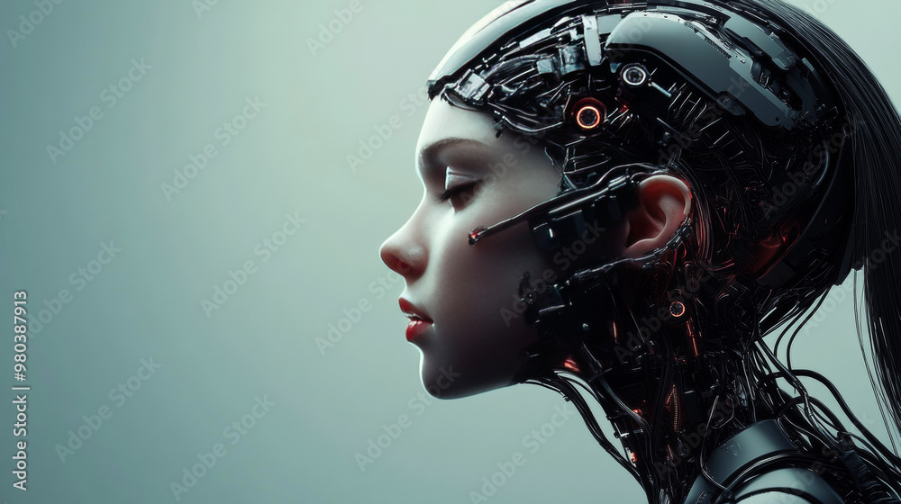 Elegant robot woman with a human-like face in profile, featuring mechanical hands. The robot's head and artificial brain are linked by cables to a cybernetic system. Artificial intelligence . Elegant robot woman with a human-like face in profile, featuring mechanical hands. The robot's head and artificial brain are linked by cables to a cybernetic system. Artificial intelligence .
