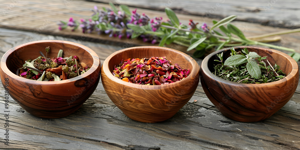 Assorted Herbal Teas in Rustic Wooden Bowls