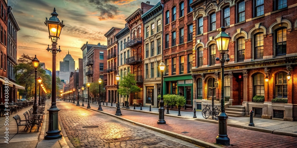 Fototapeta premium Vintage cityscape with retro-style street lamps, ornate facades, and old-fashioned brick buildings lining a deserted sidewalk, evoking a nostalgic urban atmosphere.