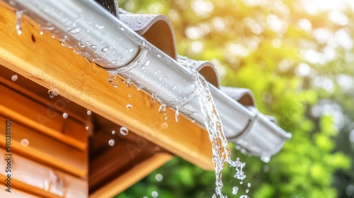 Gotas de agua cayendo de una canaleta durante una lluvia ligera, resaltando la simplicidad de la naturaleza en un entorno hogareño. El sol brilla suavemente a través de las gotas, creando un ambiente  photo