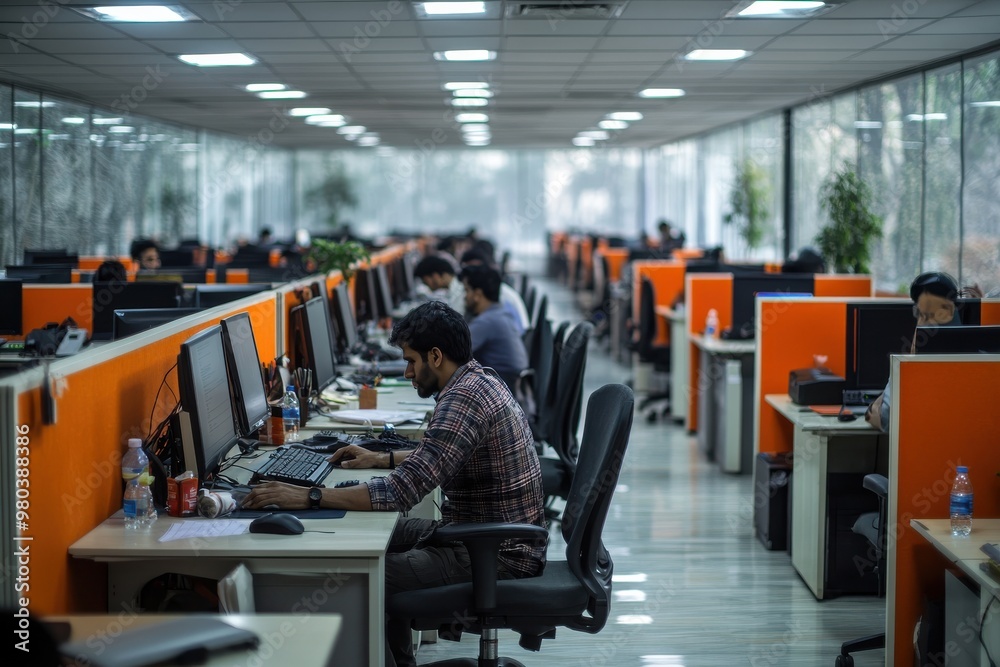 A man is sitting at a desk in an office with several other people A man is sitting at a desk in an office with several other people