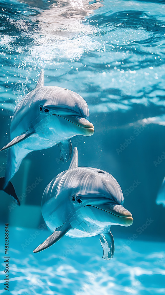 Obraz premium Playful dolphins leaps joyfully through the crystal-clear, azure sea, their sleek bodies glistening in the sunlight 