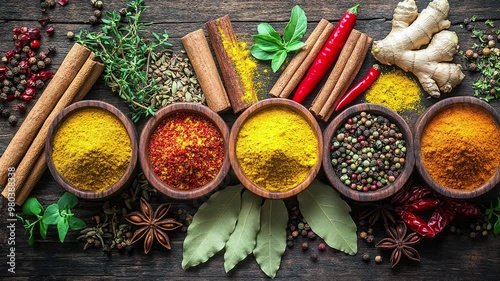 A colorful array of spices and herbs. Colorful spices, nuts, seeds, dried fruits, and herbal flowers. Seasoning spices background. Culinary traditions. Spices for cooking. Natural ingredients. Healthy