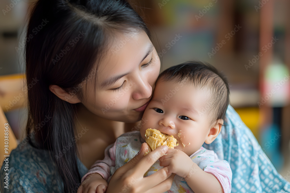 A joyful mother lovingly feeds her smiling baby with a spoonful of baby food. A joyful mother lovingly feeds her smiling baby with a spoonful of baby food.
