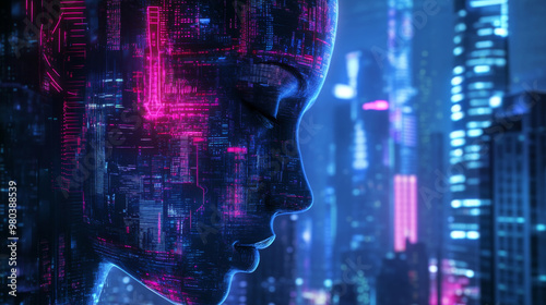 A futuristic smart city envisioned through the head of an AI, represented by a female cyborg or robot woman. Showcases artificial intelligence, IoT technology, and internet communications integrated.