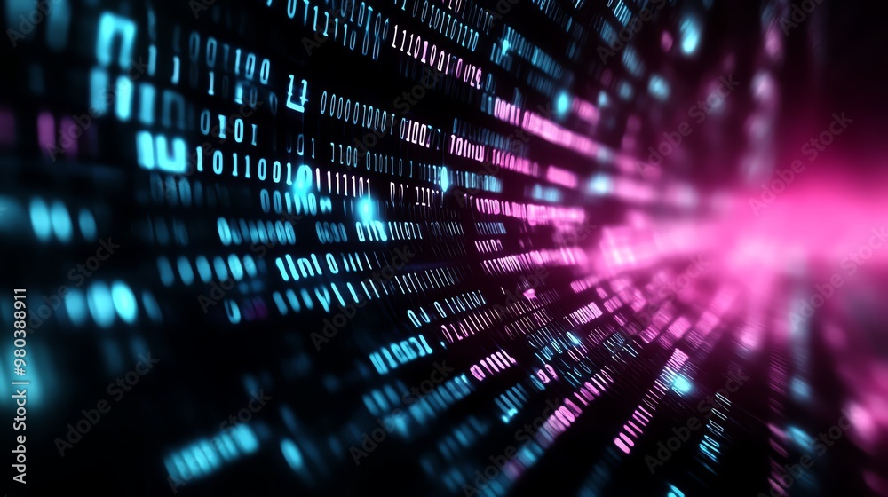 Abstract digital background featuring vibrant blue and pink binary data lines converging in a dynamic perspective view. Abstract digital background featuring vibrant blue and pink binary data lines converging in a dynamic perspective view.