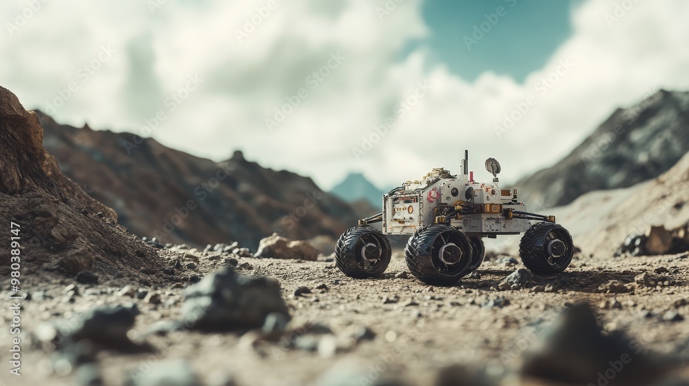 A moon robot equipped with cutting-edge technology explores the desolate landscape, gathering samples and conducting experiments.