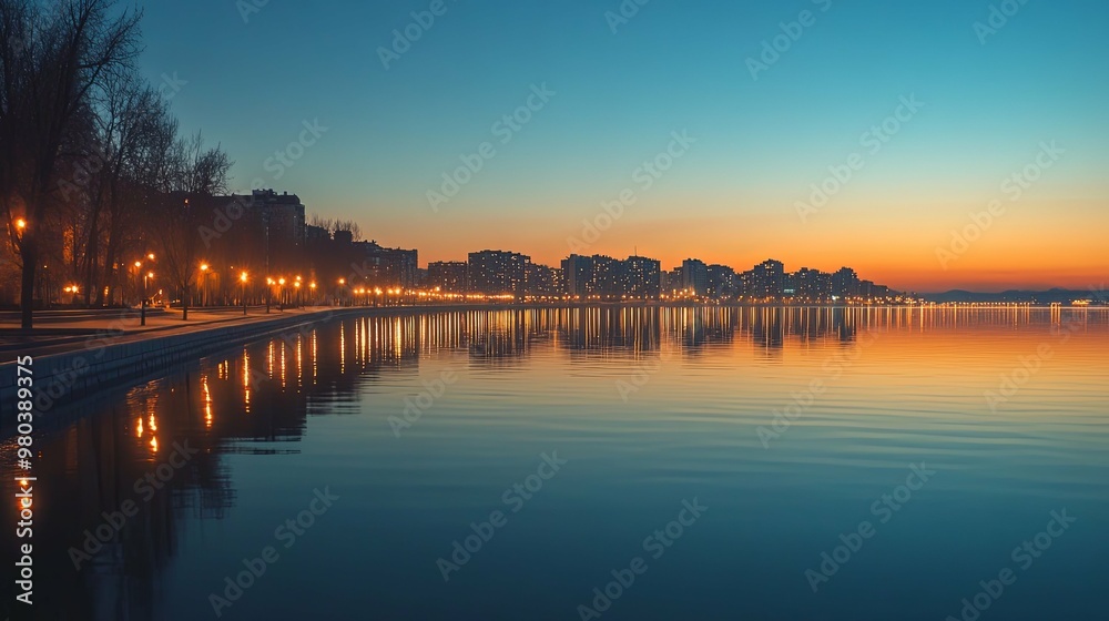 Cityscape Reflection in Calm Waters at Dusk Cityscape Reflection in Calm Waters at Dusk