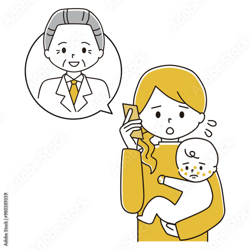子どもの体調不良で医療従事者に電話で相談する女性のイラスト