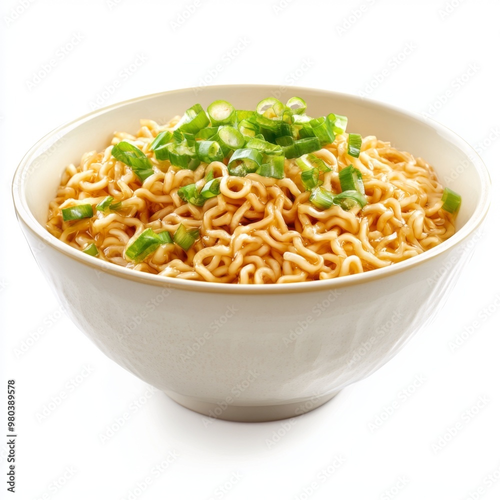 ceramic bowl full of instant noodles garnished with spring onions
