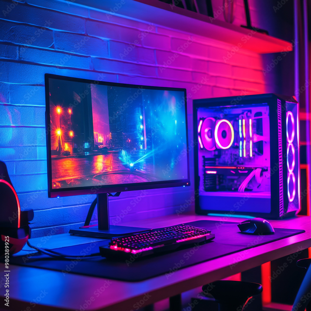 A gaming computer setup on a desk in a video gamer’s room, featuring neon lights. Includes a gaming PC monitor displaying an abstract game interface, a workstation for a gaming streamer, and a desk.
