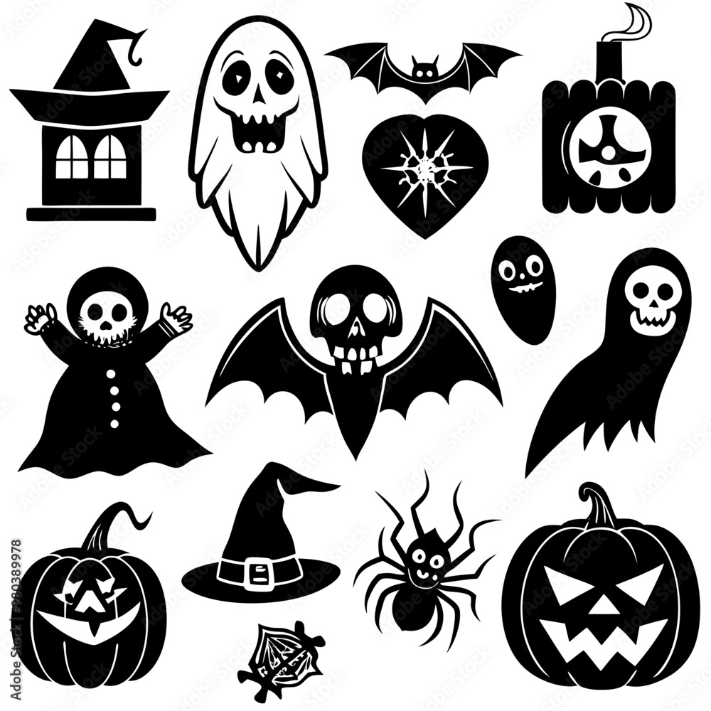 Obraz premium Halloween collection - Jack o'lantern, ghosts, spiders, broomstick, bats, witch hat, spiderweb black silhouettes. Illustration on transparent background