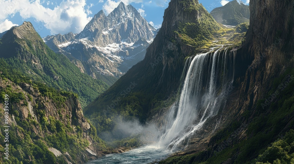A powerful waterfall tumbles down from steep mountain slopes, its clear waters sparkling in the sunlight. A powerful waterfall tumbles down from steep mountain slopes, its clear waters sparkling in the sunlight.