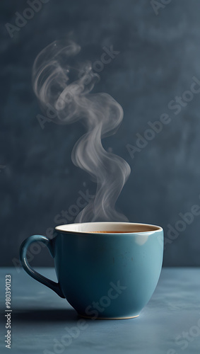 A Blue coffee cup with steams on a blue background. Smoke coming from hot drink, Pastel background, tea