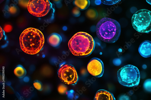 Microscope view of bioengineered cells glowing in different colors, breakthrough biotech research