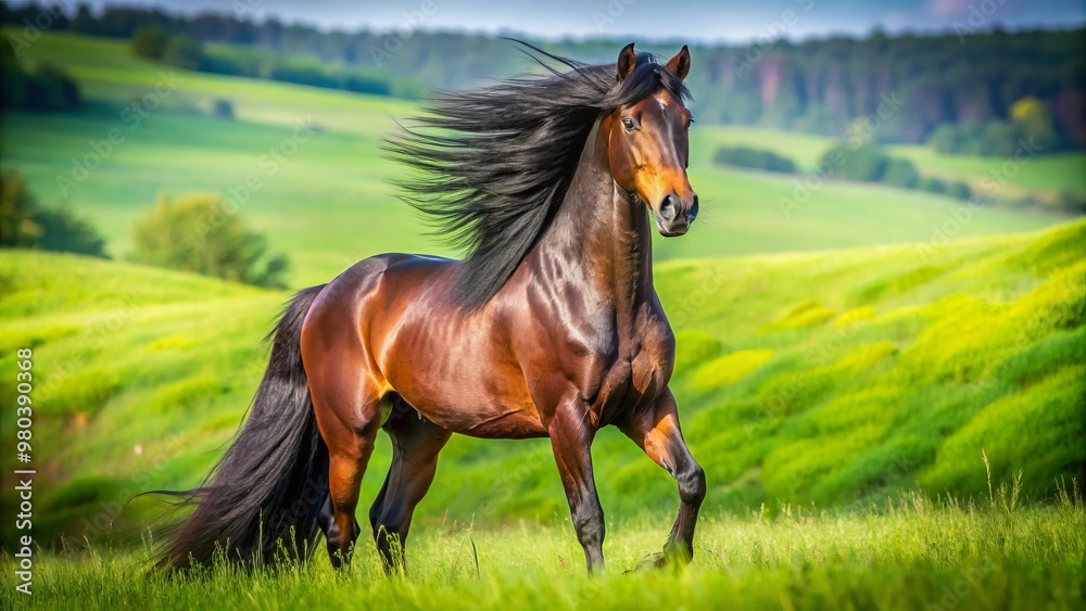 A stunning dark bay horse, with a luxurious glossy coat, long flowing mane, and piercing eyes, majestically stood A stunning dark bay horse, with a luxurious glossy coat, long flowing mane, and piercing eyes, majestically stood