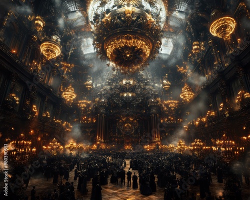 A luxurious ballroom illuminated by golden chandeliers, filled with elegantly dressed people amidst ornate decor and atmospheric lighting. photo