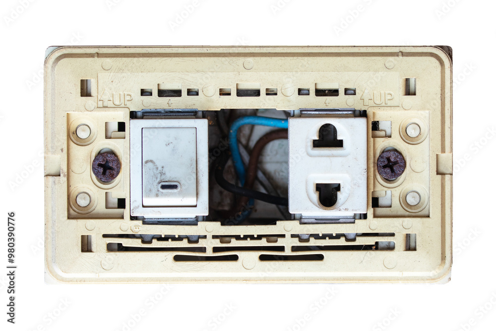Box old electrical power switch off, on and plug energy damaged attached to white plastic board isolated on cut out PNG or transparent background. Turning Off Light Switch. Electrical safety concept.