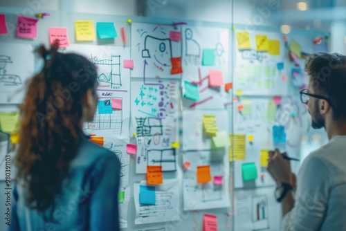 A creative team brainstorming and discussing new ideas, surrounded by colorful sticky notes and detailed sketches on the board.