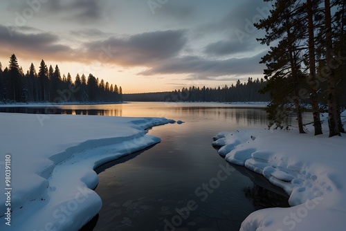 Lapland Finland, lake and forest, nature photography. Travel Generative AI photo