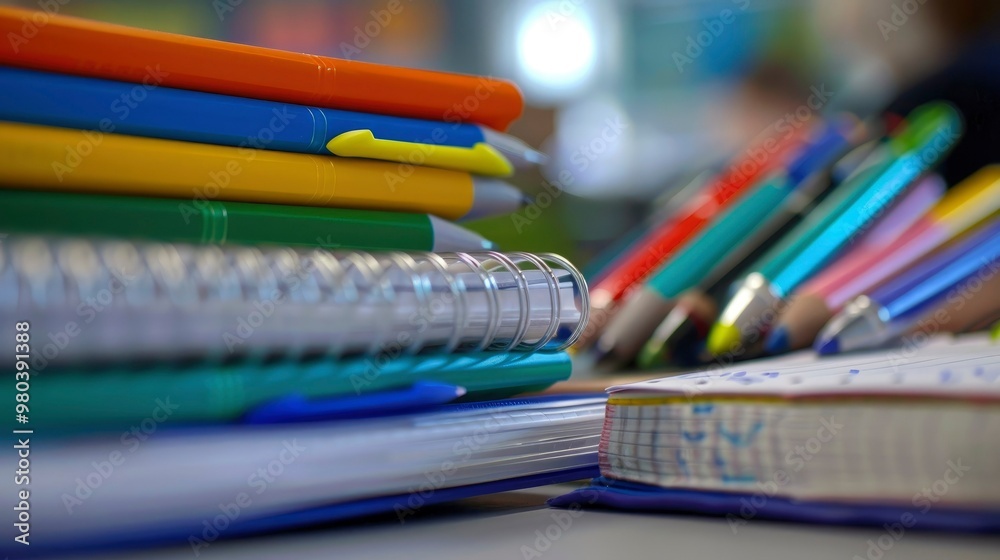 A close-up of a stack of textbooks and a notebook with colorful pens. A close-up of a stack of textbooks and a notebook with colorful pens.