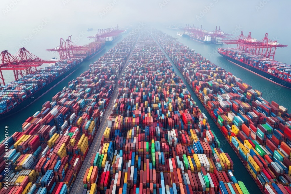 Fototapeta premium Aerial View of Container Ships and Cargo at a Busy Port