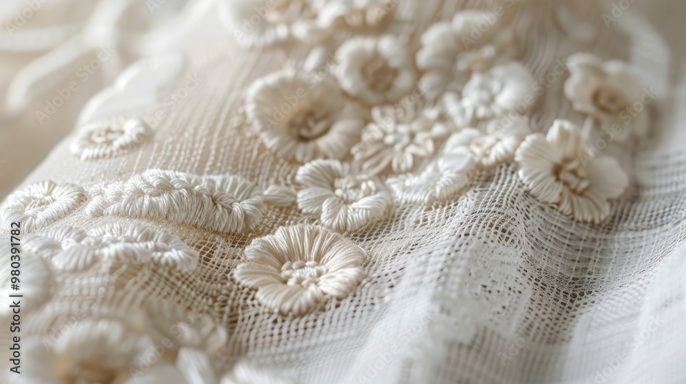 A close-up of a textured fabric with intricate embroidery designs. A close-up of a textured fabric with intricate embroidery designs.