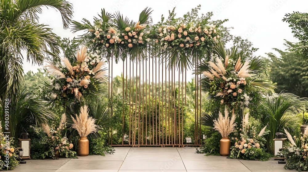 Fototapeta premium Elegant Wedding Arch Decor with Flowers Greenery and Lanterns