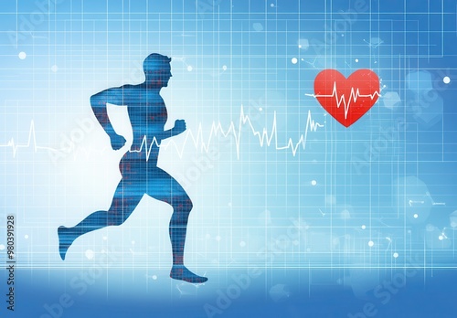 Person with heart beat. Vitality and Health Athlete Silhouette with a heart line from an ECG monitor in the background
