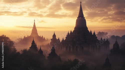 A serene view of the most beautiful temple in the world at dawn, with the early morning light casting a soft glow over its intricate architecture.