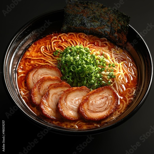 a photorealistic bowl of ramen. It hould be topped with Chashu slices, Menma, Bean Sprouts and Green onions photo